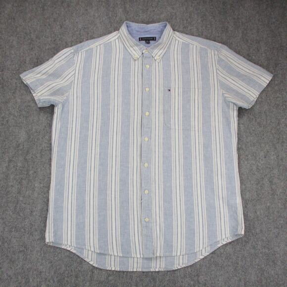 Tommy Hilfiger Shirt Mens 2XL Blue White Striped Linen Blend Short Sleeve Button - Picture 1 of 16